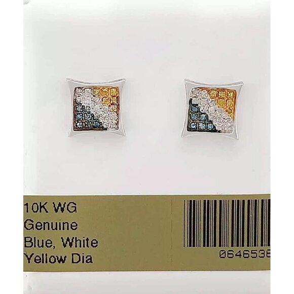 Genuine White, Blue & Yellow Diamonds Stud Earring 10k White Gold